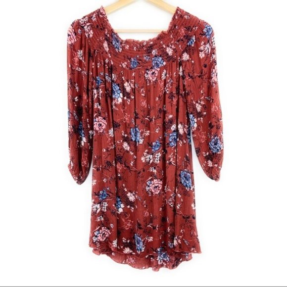 Band of Gypsies Rust Orange Floral Off the Shoulder Mini Dress - Picture 3 of 6